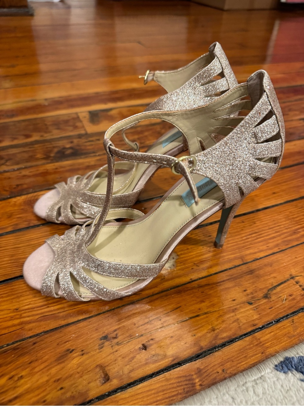Betsey Johnson Brlue Collection Gold Glitter T-Strap Heels